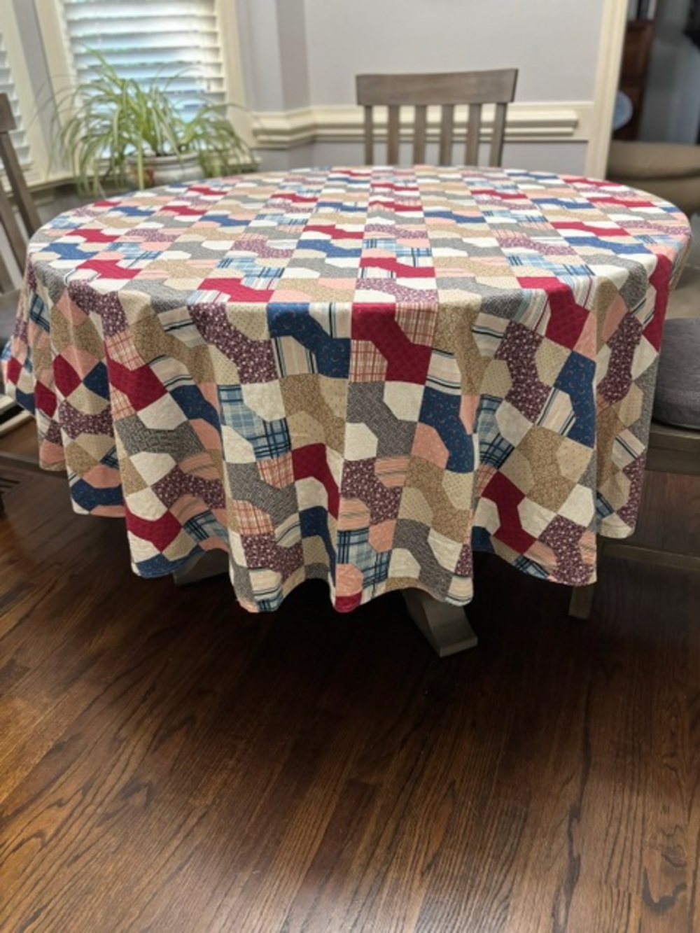 Vintage 1970’s Cotton Bow-Tie Patchwork 82” Round Tablecloth